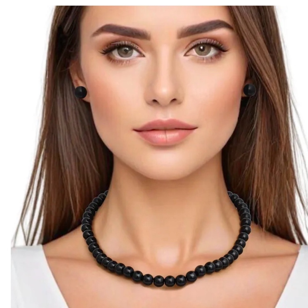 Pearl Necklace and Earring Set - Black, Gold, Silver, White, Cream
